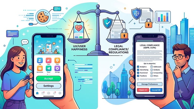 Современная иллюстрация дизайна баннера cookie для мобильного приложения, сочетающая пользовательский опыт и юридические требования.